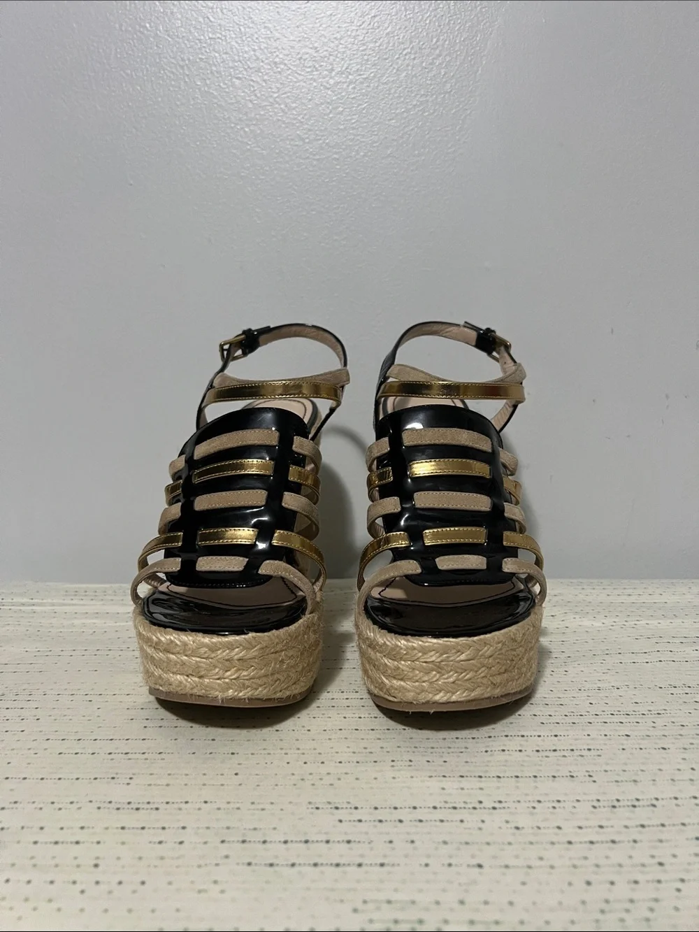 Yves Saint Laurent Black and Gold Strappy Espadrille Platform Sandals